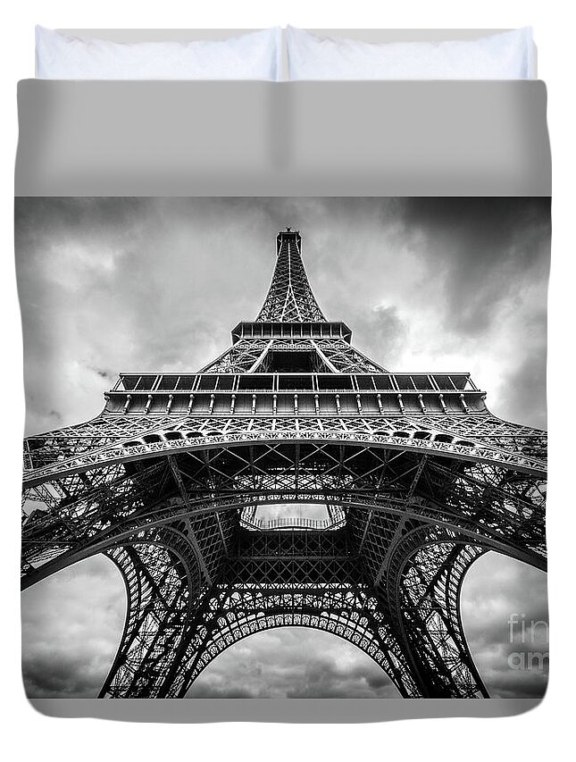 Black And White Duvet Cover featuring the photograph Under The Eiffel Tower, Black and White by Liesl Walsh