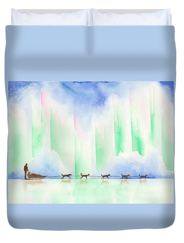 Dogsledding Duvet Cover featuring the painting Under The Lights by Sarah Bevard