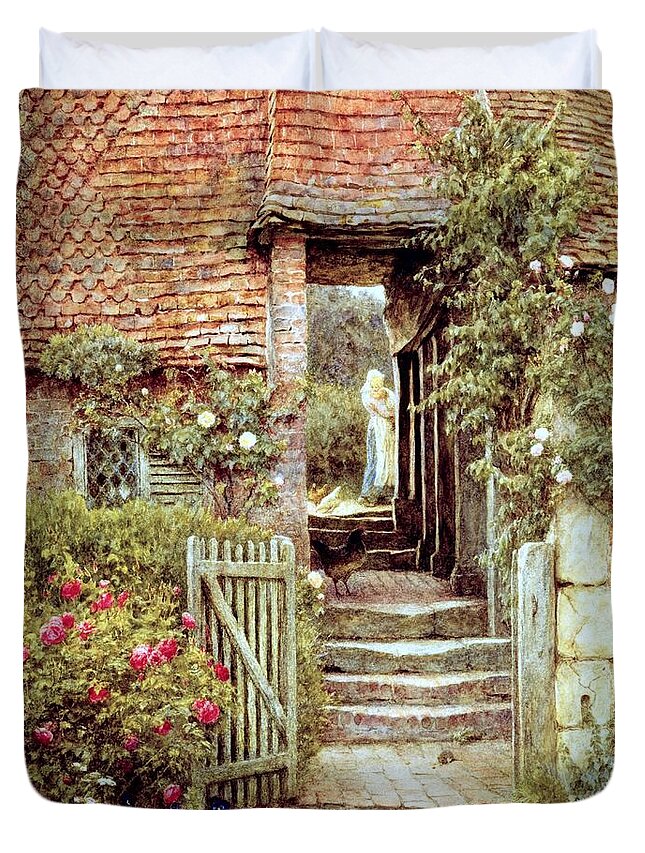 Cottage Duvet Cover featuring the painting Under the Old Malthouse Hambledon Surrey by Helen Allingham