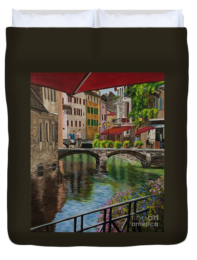 Annecy France Art Duvet Cover featuring the painting Under the Umbrella in Annecy by Charlotte Blanchard