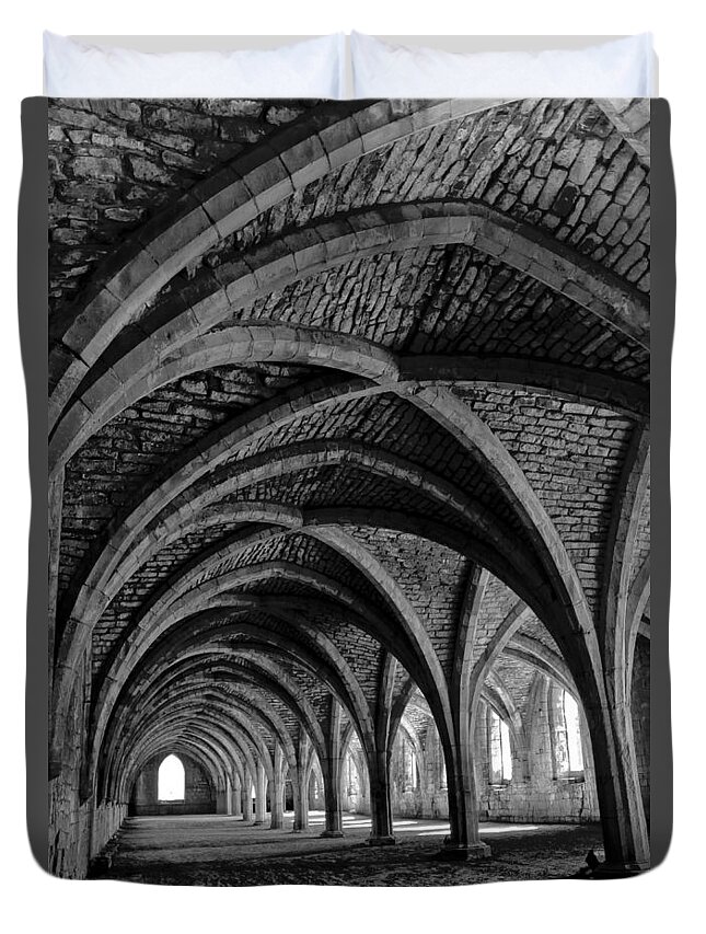 Monochrome Photography Duvet Cover featuring the photograph Under the vaults. Vertical. by Elena Perelman
