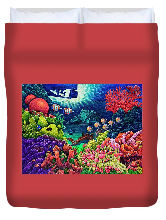 Sunken Ship Duvet Cover featuring the painting Undersea Creatures VII by Michael Frank