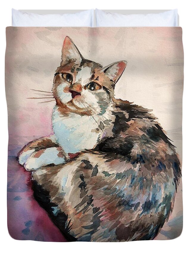 Cat Duvet Cover featuring the painting Undivided Attention by K M Pawelec