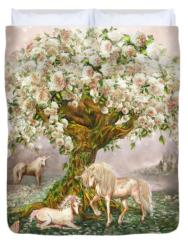 Carol Cavalaris Duvet Cover featuring the mixed media Unicorn Rose Tree by Carol Cavalaris