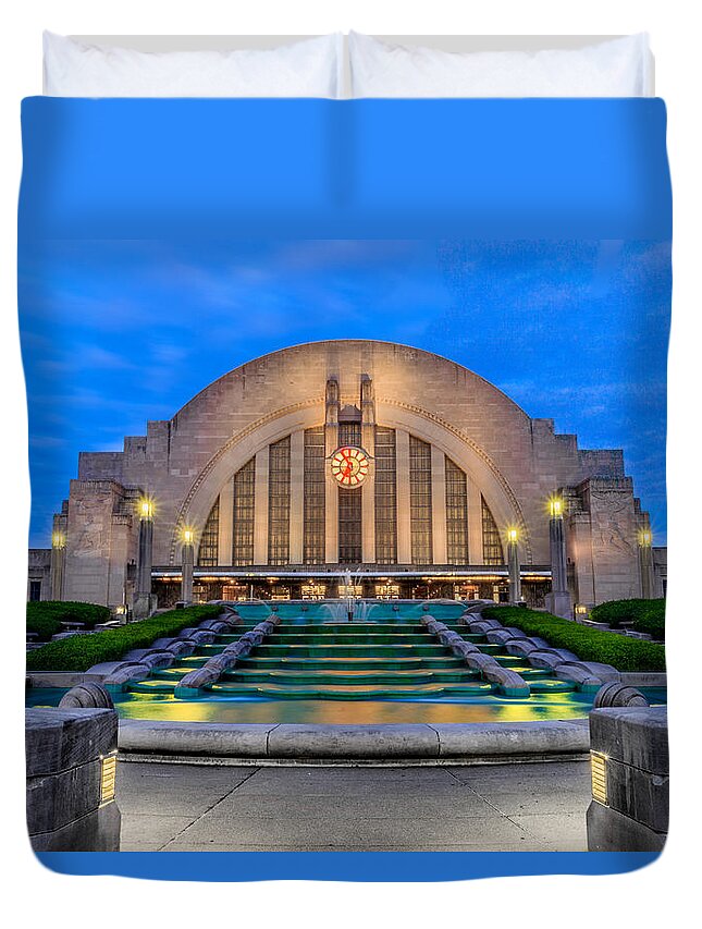 Union Terminal Duvet Cover featuring the photograph Union Terminal at Sunrise II by Keith Allen