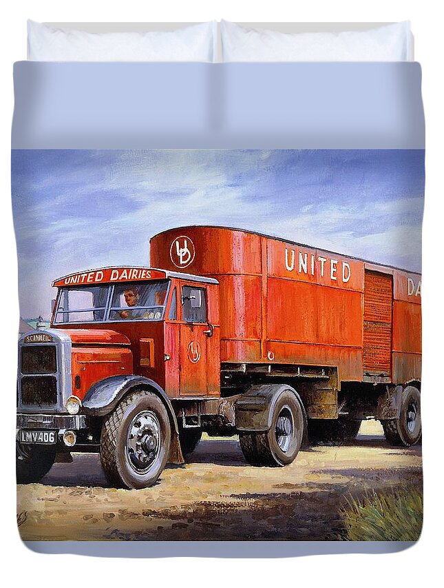 Scammell Duvet Cover featuring the painting United Dairies Scammell. by Mike Jeffries