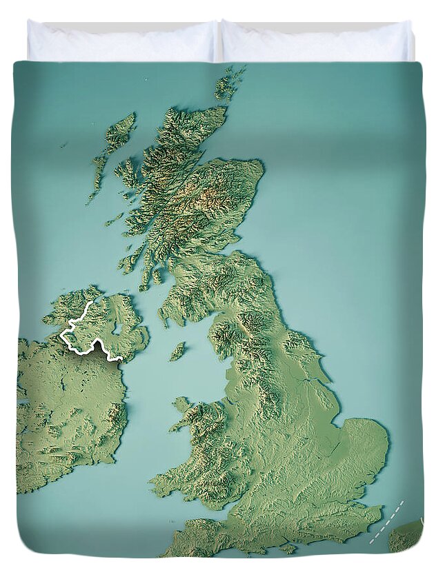United Kingdom Duvet Cover featuring the digital art United Kingdom Country 3D Render Topographic Map Border by Frank Ramspott