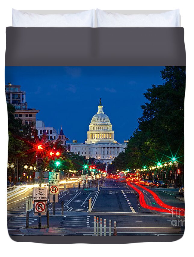 Light Streaks Duvet Cover featuring the photograph United States Capitol along Pennsylvania Avenue in Washington, D.C.  by Sam Antonio