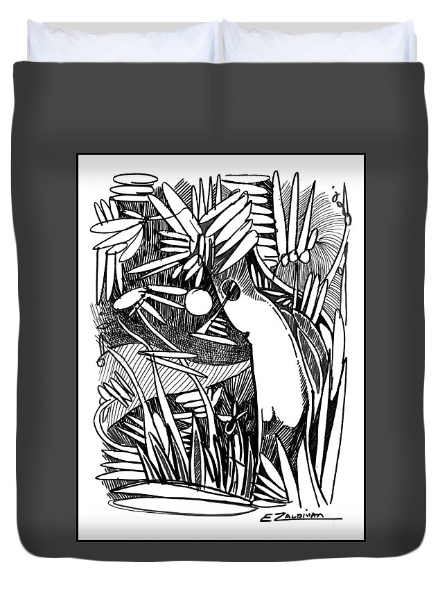 Ink Drawing Duvet Cover featuring the drawing Unknown landscape by Enrique Zaldivar
