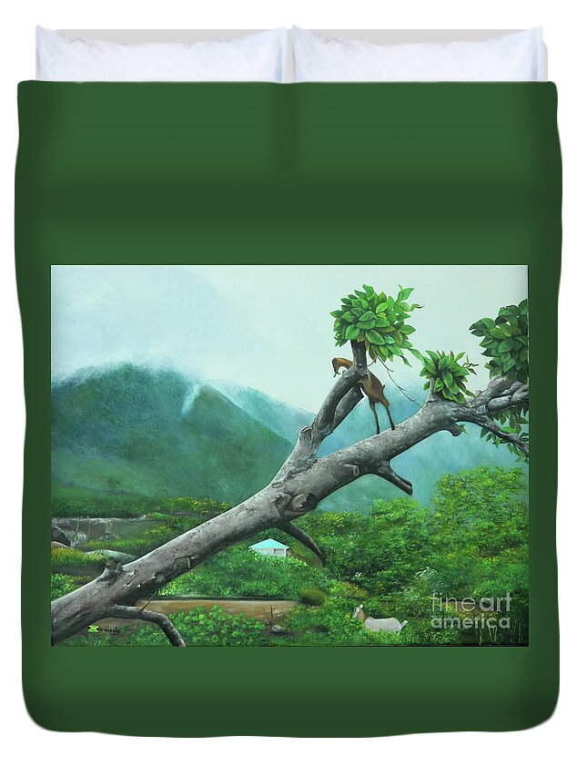 Jamaica Art Duvet Cover featuring the painting Unu Neva Si Goat Ina Tree by Kenneth Harris