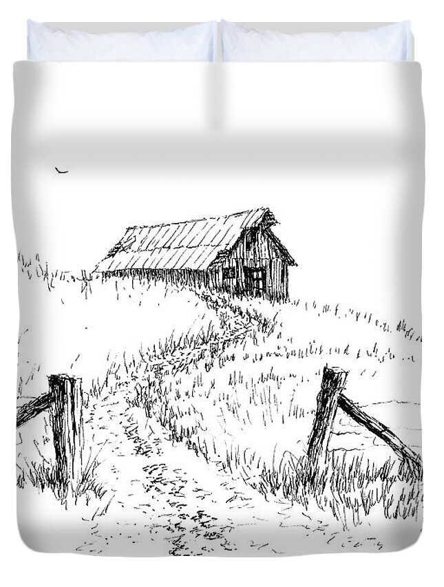 Hill Duvet Cover featuring the drawing Up the Hill to the Old Barn by Randy Welborn