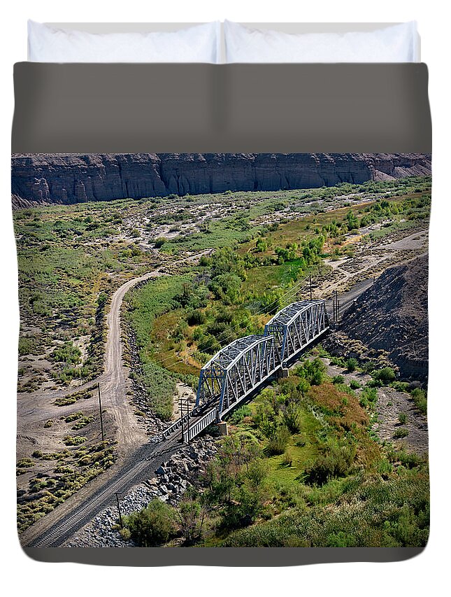 Aerial Shots Duvet Cover featuring the photograph UP Tracks Cross the Mojave River by Jim Thompson