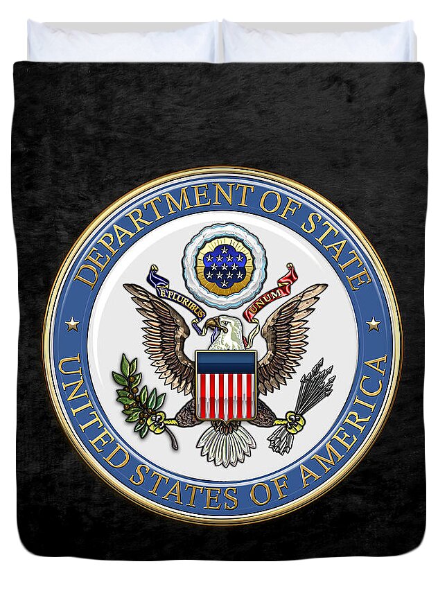 'military Insignia & Heraldry 3d' Collection By Serge Averbukh Duvet Cover featuring the digital art U. S. Department of State - DoS Emblem over Black Velvet by Serge Averbukh