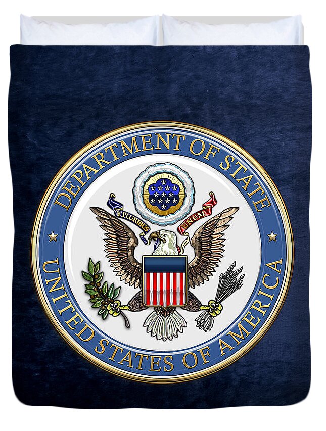 'military Insignia & Heraldry 3d' Collection By Serge Averbukh Duvet Cover featuring the digital art U. S. Department of State - D o S Emblem over Blue Velvet by Serge Averbukh