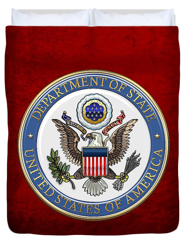 'military Insignia & Heraldry 3d' Collection By Serge Averbukh Duvet Cover featuring the digital art U. S. Department of State - DoS Emblem over Red Velvet by Serge Averbukh
