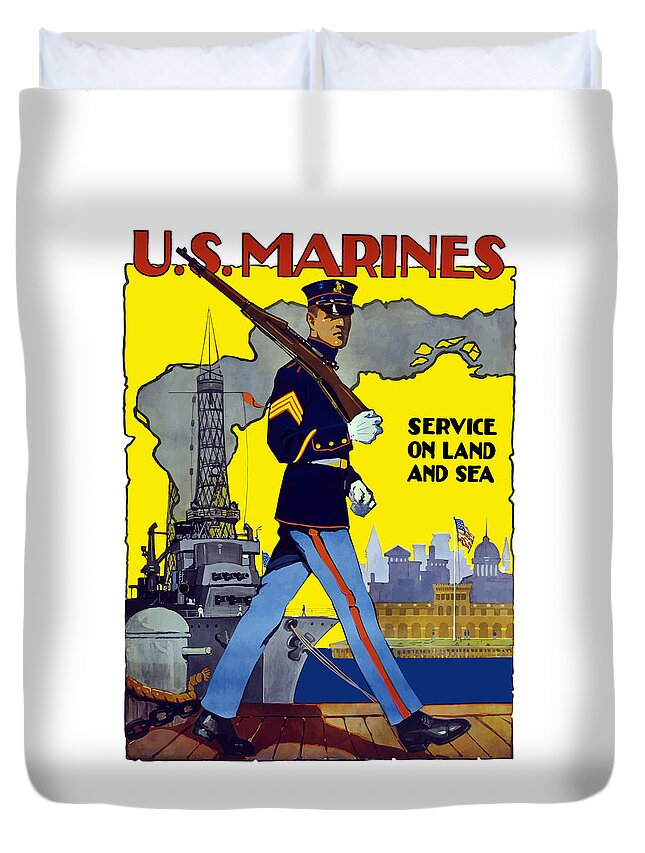 Marines Duvet Cover featuring the painting U.S. Marines - Service On Land And Sea by War Is Hell Store