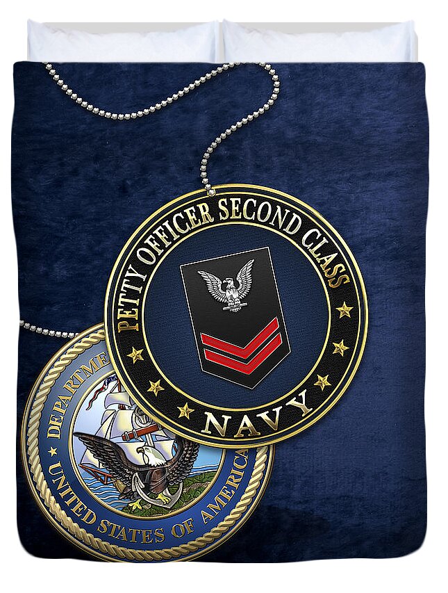 Military Insignia 3d By Serge Averbukh Duvet Cover featuring the digital art U.S. Navy Petty Officer Second Class - PO2 Rank Insignia over Blue Velvet by Serge Averbukh