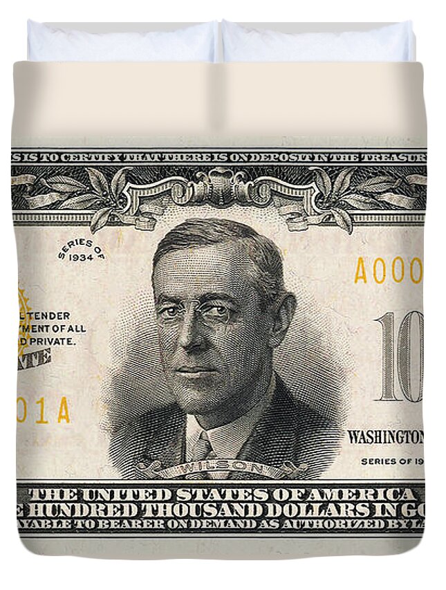 'paper Currency' Collection By Serge Averbukh Duvet Cover featuring the digital art U.S. One Hundred Thousand Dollar Bill - 1934 $100000 USD Treasury Note by Serge Averbukh