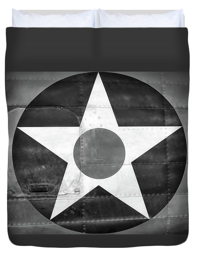 Rivets Duvet Cover featuring the photograph US Roundel, In Black and White - 2017 Christopher Buff, www.Aviationbuff.com by Chris Buff