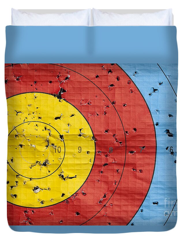 Archery Duvet Cover featuring the photograph Used archery target close up by Simon Bratt