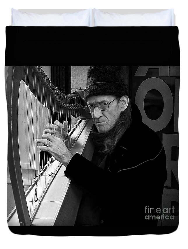 Black And White Portrait Duvet Cover featuring the photograph Vagrant music by Elena Perelman