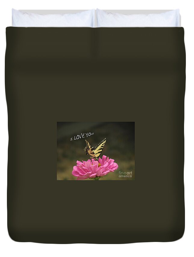 Valentine Duvet Cover featuring the pyrography Valentine Zinnia and the Swallowtail by Debby Pueschel