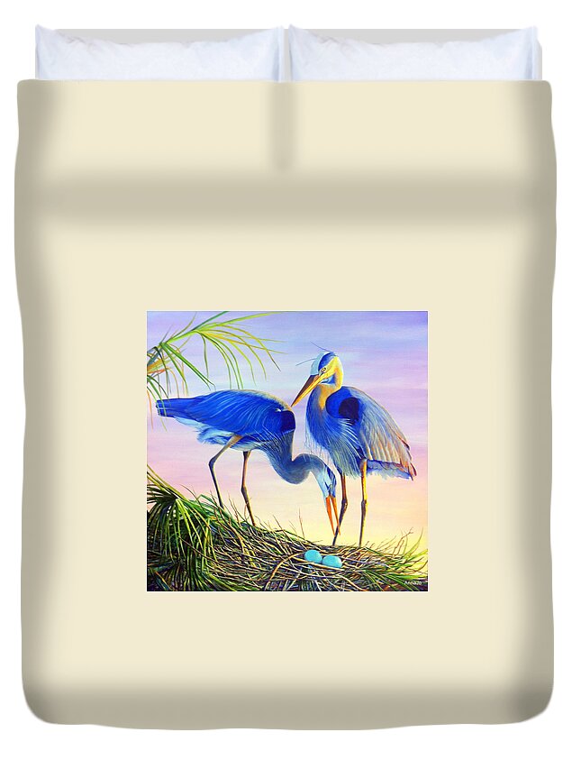 Great Blue Herons Duvet Cover featuring the painting Valentine's Eggs by AnnaJo Vahle