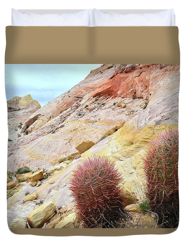 Valley Of Fire State Park Duvet Cover featuring the photograph Valley of Fire Barrel Cactus by Ray Mathis