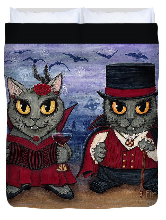 Grey Cat Duvet Cover featuring the painting Vampire Cat Couple by Carrie Hawks