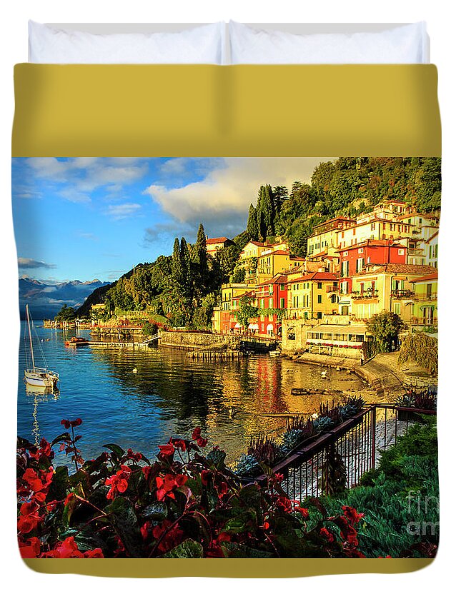 Varenna Duvet Cover featuring the photograph Varenna Italy at Sunset by Ben Graham