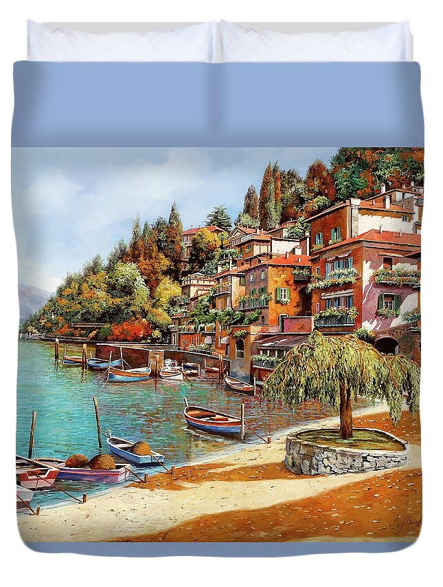 Lake Como Duvet Cover featuring the painting Varenna sul lago di como by Guido Borelli