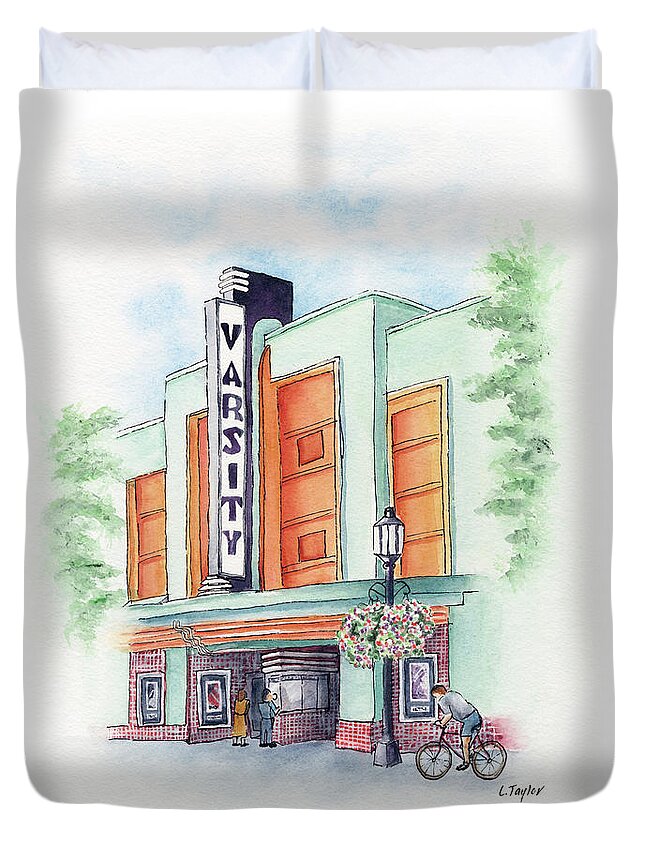 Old Theater Duvet Cover featuring the painting Varsity on Main by Lori Taylor