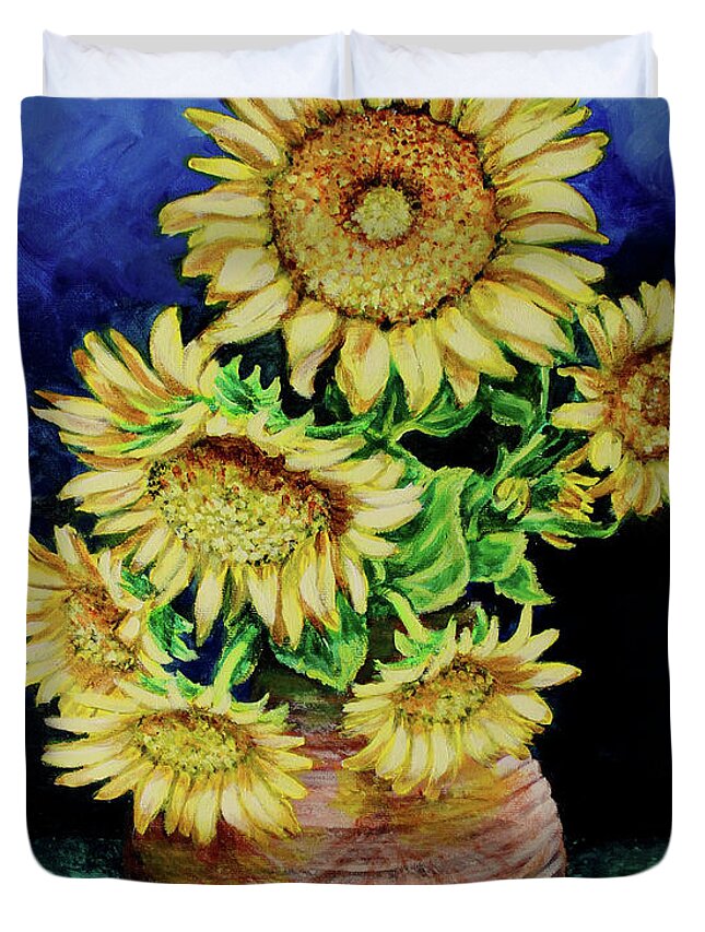 Flowers Duvet Cover featuring the painting Vase of Sunflowers by Karl Wagner