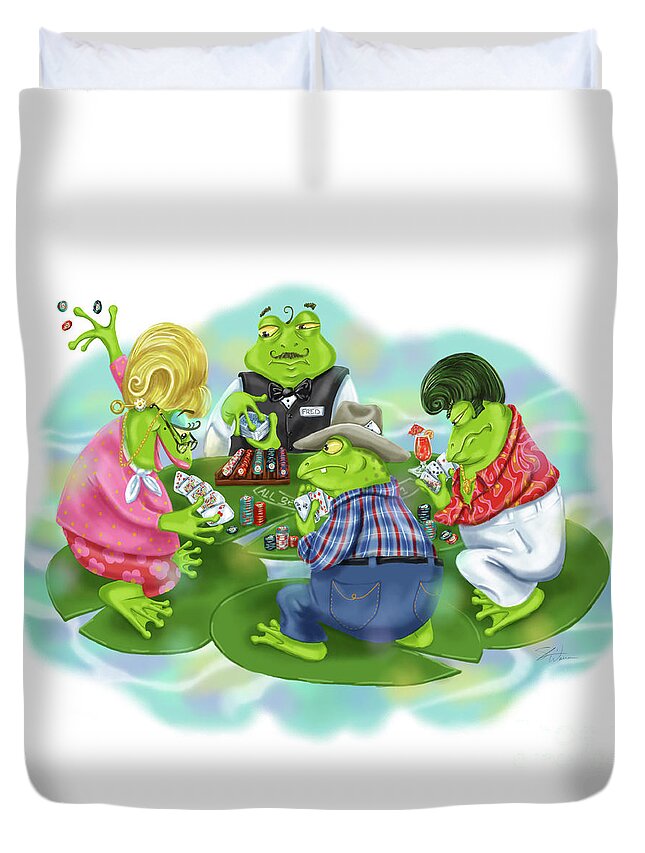 Frogs Duvet Cover featuring the mixed media Vegas Frogs Playing Poker by Shari Warren