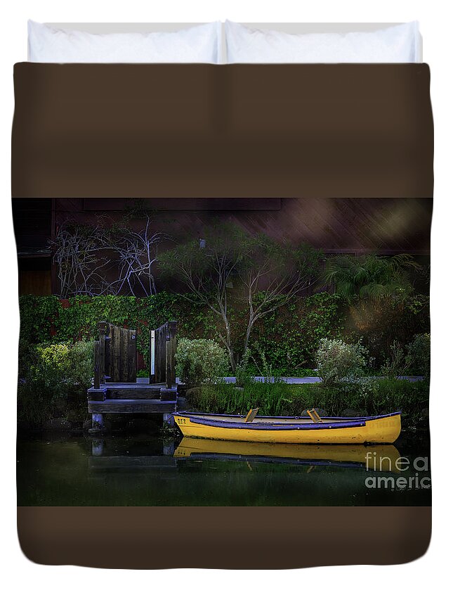 California Duvet Cover featuring the photograph Venice Beach Canal Yellow Boat by Craig J Satterlee