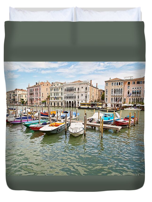 Venice Duvet Cover featuring the photograph Venice Boats by Sharon Jones