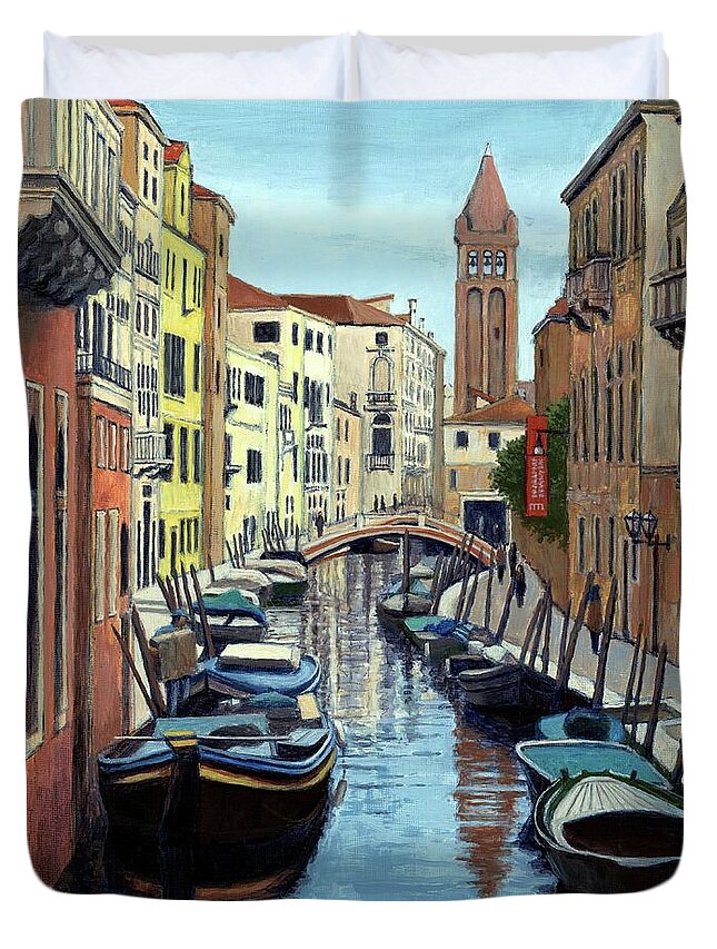 Venice Duvet Cover featuring the painting Venice Canal Reflections by Janet King