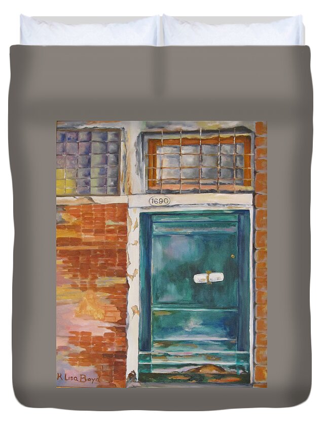Venice Duvet Cover featuring the painting Venice Green Door by Lisa Boyd