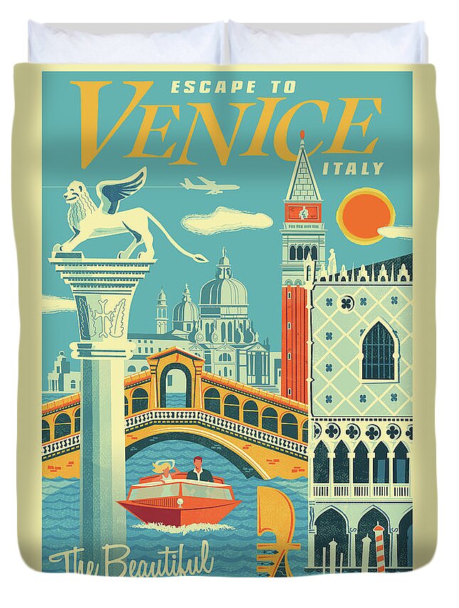 Travel Poster Duvet Cover featuring the digital art Venice Poster - Retro Travel #1 by Jim Zahniser