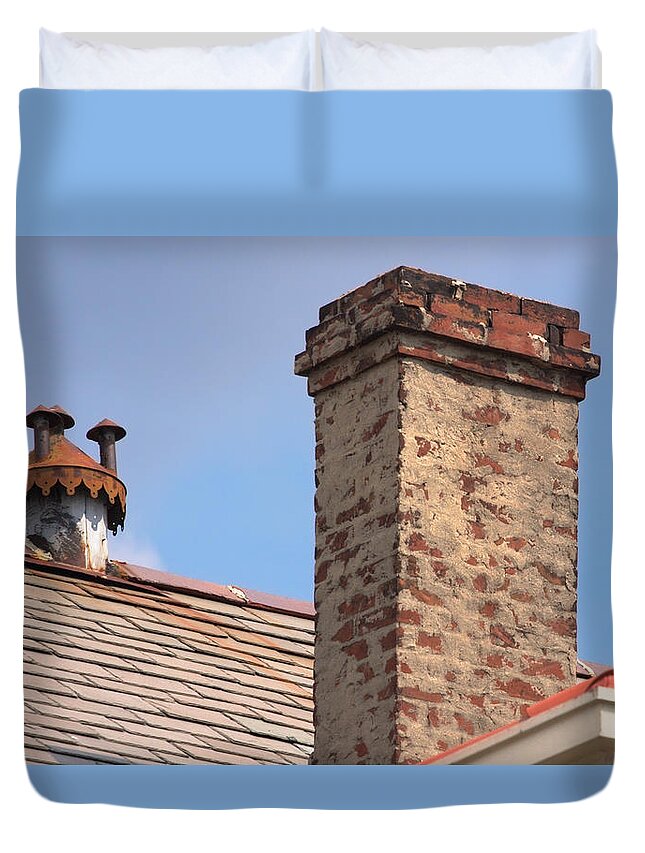 Roof Duvet Cover featuring the photograph Ventilator Chimney Sky by Grant Groberg