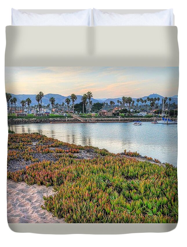 Ocean Marina Harbor Boats Sailboat Two Trees Sand Water Duvet Cover featuring the photograph Ventura Marina One by Wendell Ward
