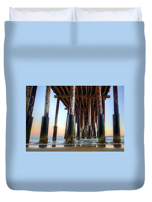 Pier Duvet Cover featuring the photograph Ventura Pier Blue and Gold 1 by Wendell Ward