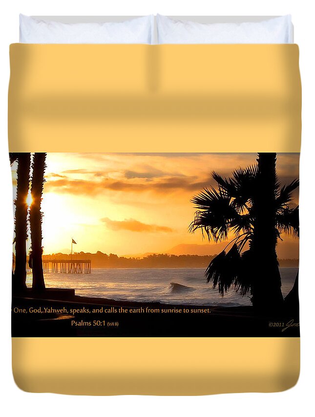 Ventura Duvet Cover featuring the photograph Ventura California Sunrise With Bible Verse by John A Rodriguez