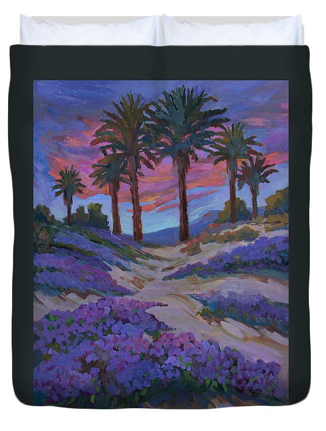 Palm Trees Duvet Cover featuring the painting Verbena and Desert Sunrise by Diane McClary
