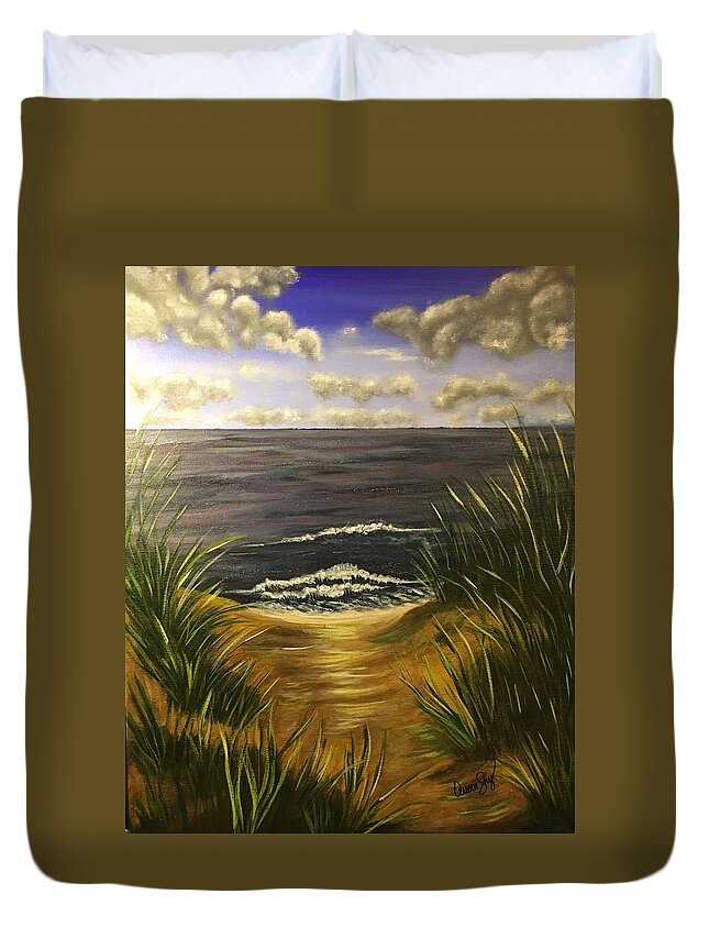 Sea Duvet Cover featuring the painting Verdant Coastline by Queen Gardner