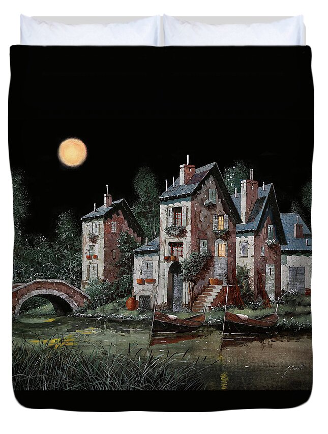 Night Duvet Cover featuring the painting Verde Notturno by Guido Borelli