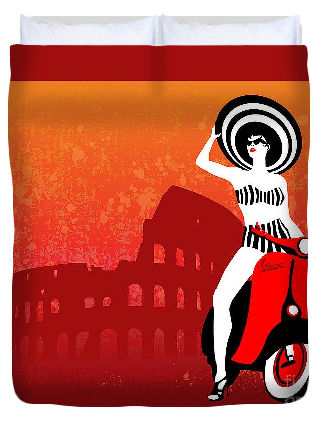 Vespa Duvet Cover featuring the painting Vespa Girl by Sassan Filsoof