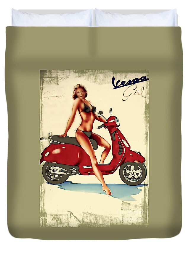 Vespa Duvet Cover featuring the digital art Vespa Girl - Vintage Poster by Ian Gledhill