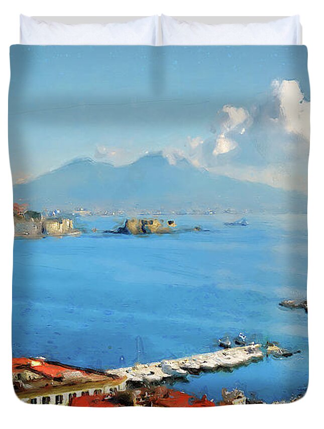 Gulf Of Naples Duvet Cover featuring the painting Vesuvio, panorama from Naples - 02 by AM FineArtPrints