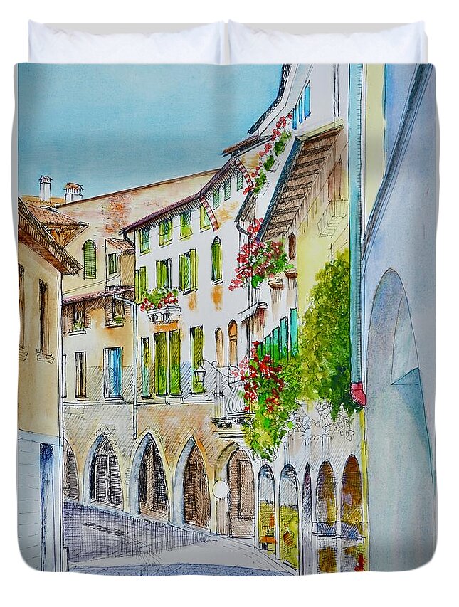 Village Duvet Cover featuring the painting Via Browning Asolo Italy by Dai Wynn